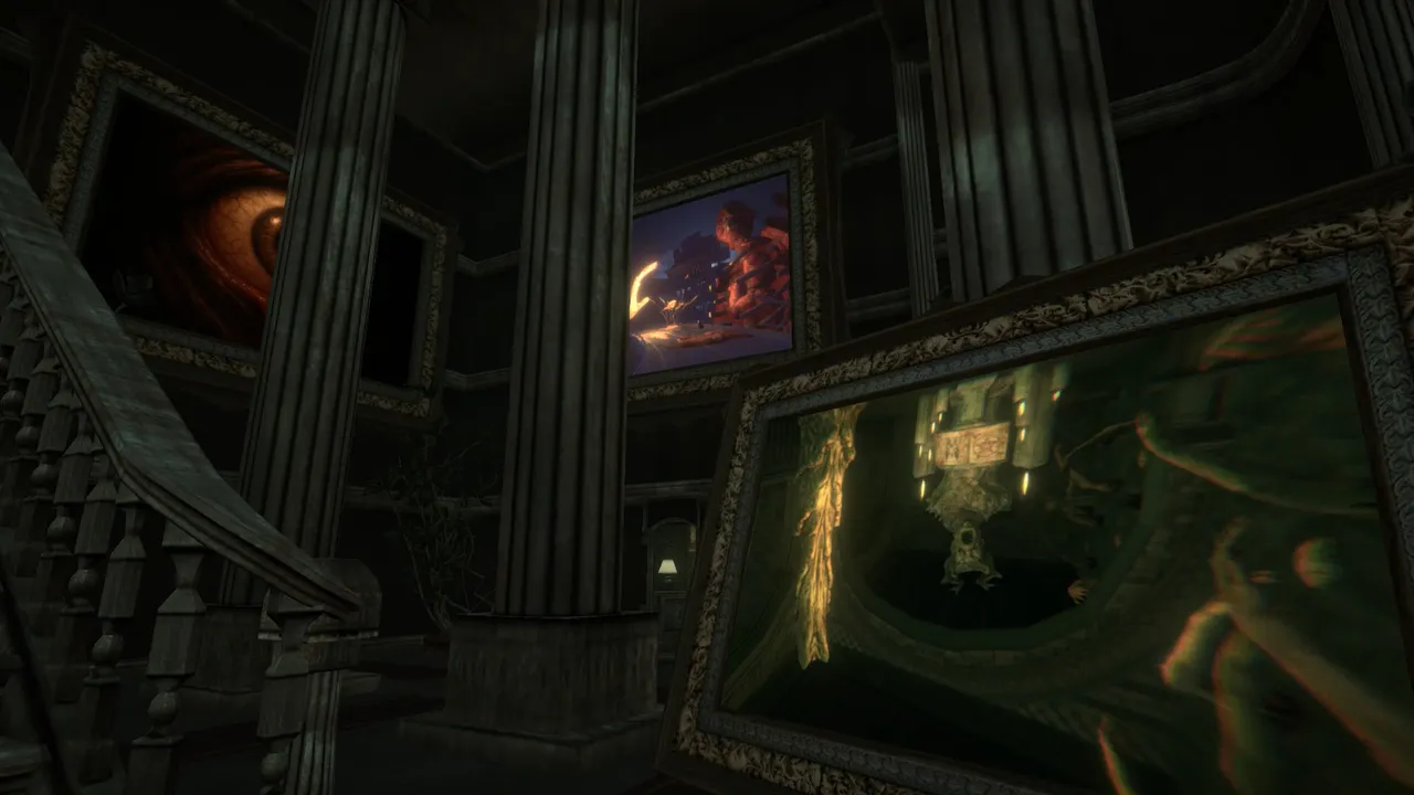 Death Frame screenshot: a dark mansion hall with columns and a staircase, hung with ornate framed paintings of a giant eye, a burning figure and a green twisted corridor
