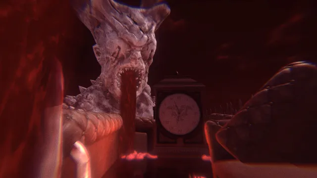 Death Frame screenshot: a red dreamscape where a huge stone-like monster with rows of teeth spews blood beside a mantel clock