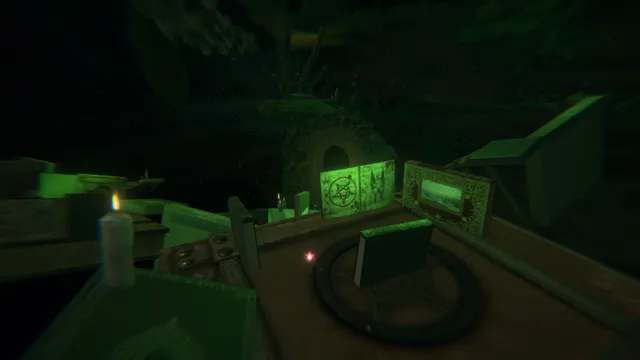 Death Frame screenshot: a green-lit floating desk with a candle and an open book of pentagram drawings, in a dark void of drifting debris