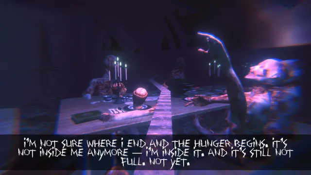 Death Frame screenshot: a purple-lit dinner table set with candles and a severed head with an exposed brain, flanked by rotting seated corpses, with a subtitle about a hunger