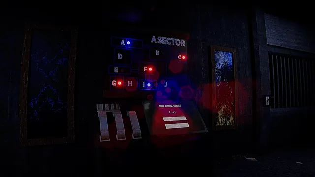 DEATH IN UNISON: an A Sector control panel with red and blue cell lights next to barred windows