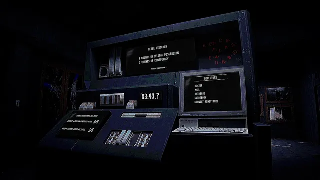 DEATH IN UNISON: the dark administration desk with a prisoner record, a directory screen and a countdown timer