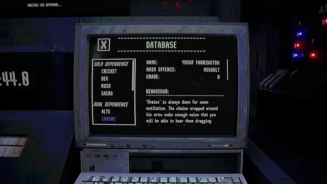 DEATH IN UNISON: the prison database on an old monitor, showing the inmate Chains and notes on his behaviour