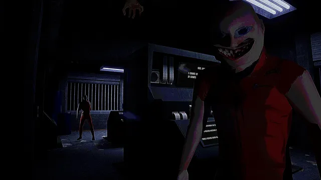 DEATH IN UNISON: a grinning inmate with a wide-eyed face mask leans into view beside the office consoles, another prisoner standing by the cell bars
