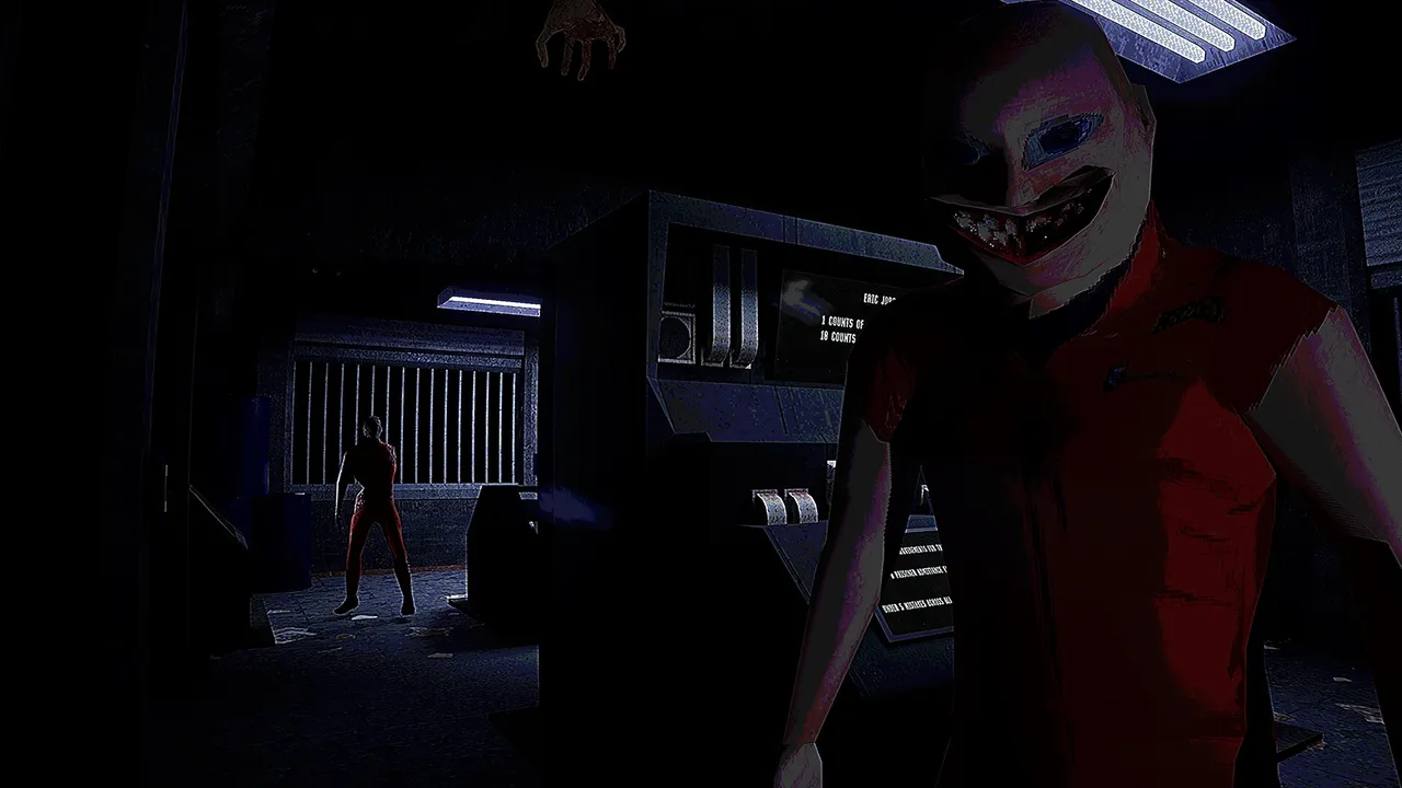 DEATH IN UNISON: a grinning inmate with a wide-eyed face mask leans into view beside the office consoles, another prisoner standing by the cell bars