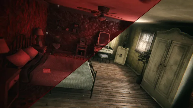 Death Park 2 screenshot: a bedroom split in two, one half normal and the other half the red, blood-stained world of sleep