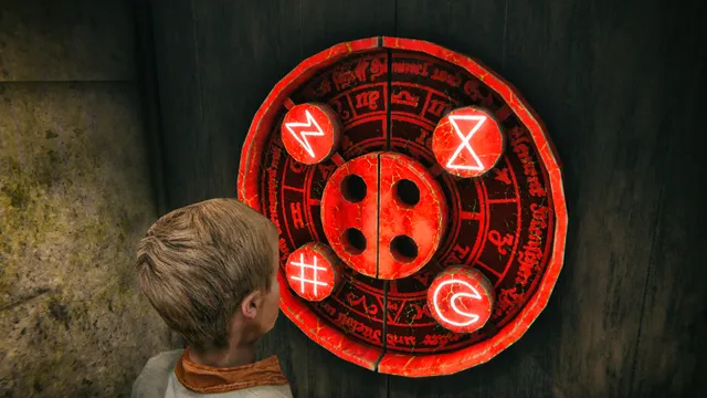 Death Park 2 screenshot: a boy looks at a red rune lock on a wall with four glowing symbols