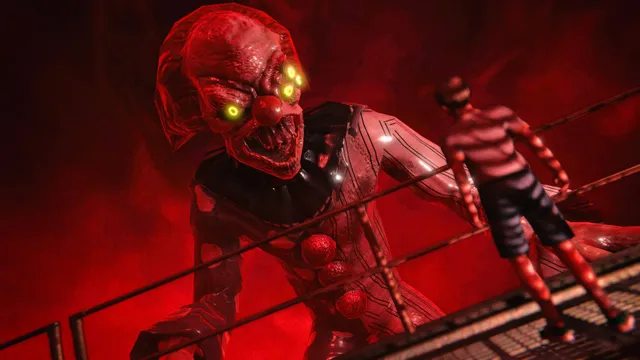 Death Park 2 screenshot: the clown, with glowing yellow eyes and a toothy grin, reaches for a boy in a striped shirt on a walkway lit in red