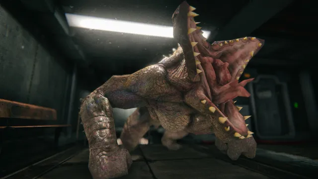 Death Park 2 screenshot: a scaly monster with a wide open mouth of teeth lunges down a dark corridor