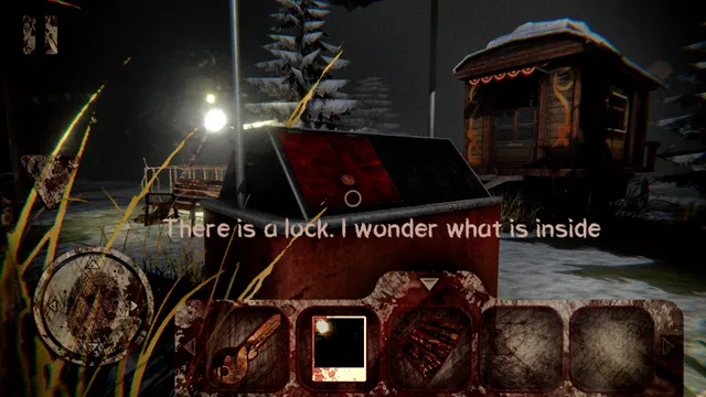 Death Park screenshot: a locked box at night in the snowy park with the caption There is a lock. I wonder what is inside, and an inventory bar below