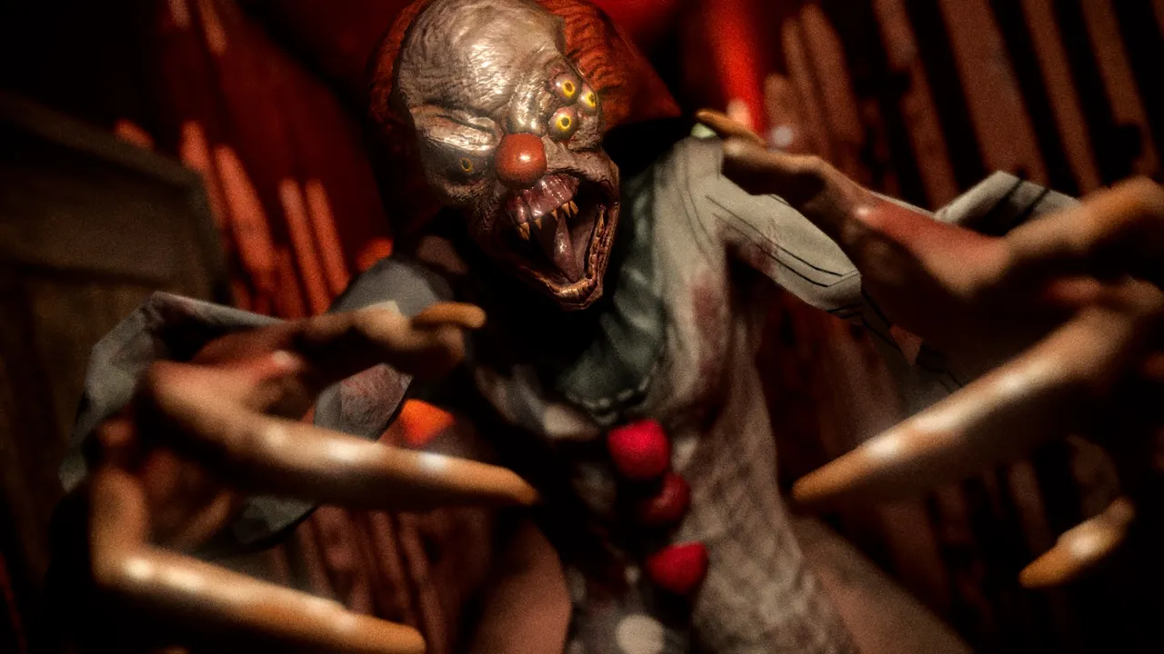 Death Park art: a clown with a split, fang-filled face and clawed hands lunges toward the viewer