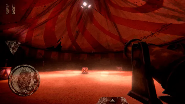 Death Park screenshot: the inside of a red-striped circus tent with glowing eyes in the dark at the top