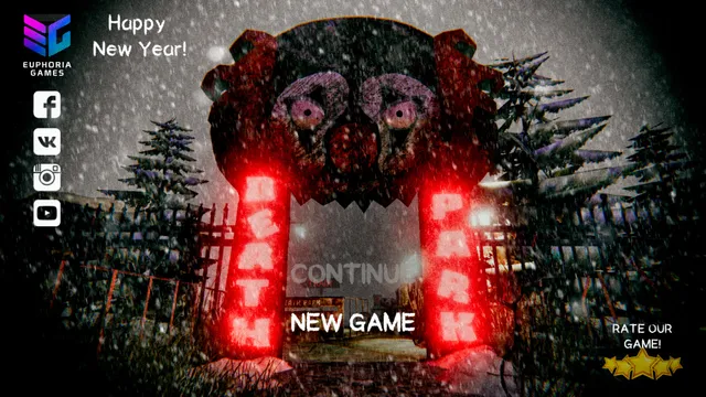 Death Park title screen: a gate shaped like a clown's face with Death Park in red neon letters, in the snow