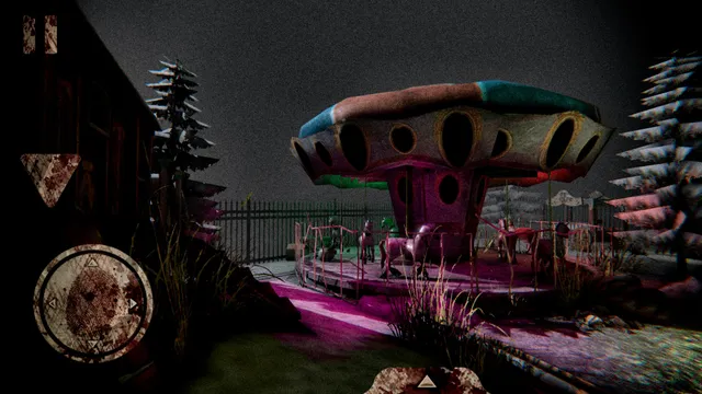 Death Park screenshot: an old carousel under a mushroom-shaped roof in the dark park, surrounded by fir trees
