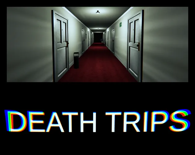 Death Trips cover: a long hotel corridor of white doors and red carpet above the title in glitching letters