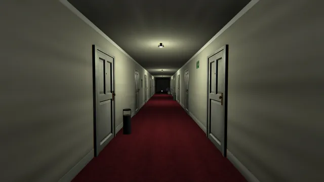 Death Trips screenshot: a dim hotel corridor with white doors and red carpet stretching into the dark