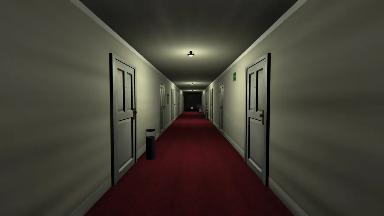 Death Trips screenshot: a dim hotel corridor with white doors and red carpet stretching into the dark