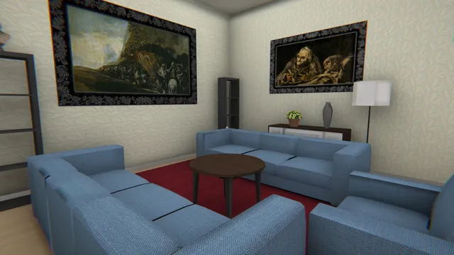 Death Trips screenshot: a hotel sitting room with blue sofas and two dark old paintings on the wall