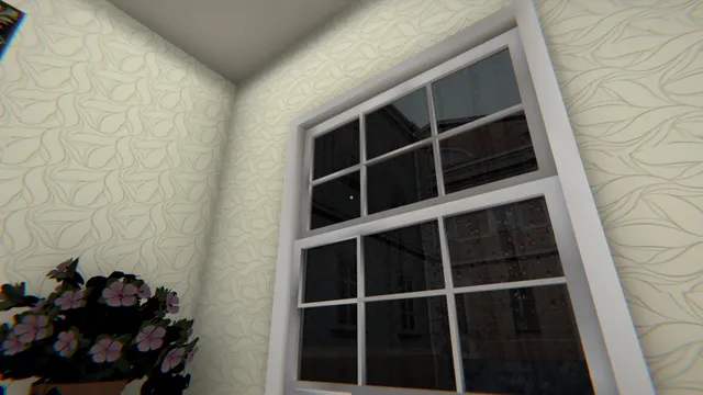 Death Trips screenshot: a window streaked with rain looking out on a dark brick building