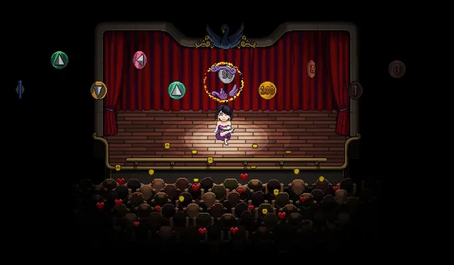 Pixel art: Gloria dances on a cabaret stage before an audience as arrow prompts float around her