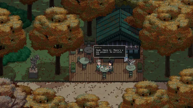 Pixel art: Gloria talks with an older woman at a cafe terrace in an autumn park
