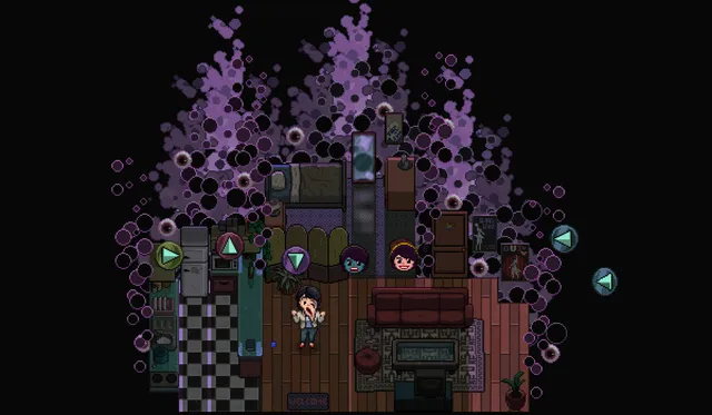 Pixel art: Gloria screams in her apartment as purple bubbles full of eyes engulf the walls