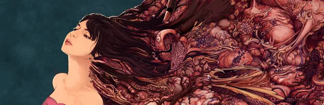 Decarnation key art: a woman with dark hair that flows into a mass of flesh, organs and strange creatures
