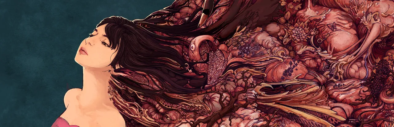 Decarnation key art: a woman with dark hair that flows into a mass of flesh, organs and strange creatures