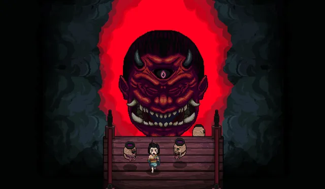 Pixel art: Gloria runs across a wooden bridge between severed heads toward a giant horned one-eyed demon face on red