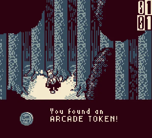 The protagonist in a dark forest clearing, finding an arcade token