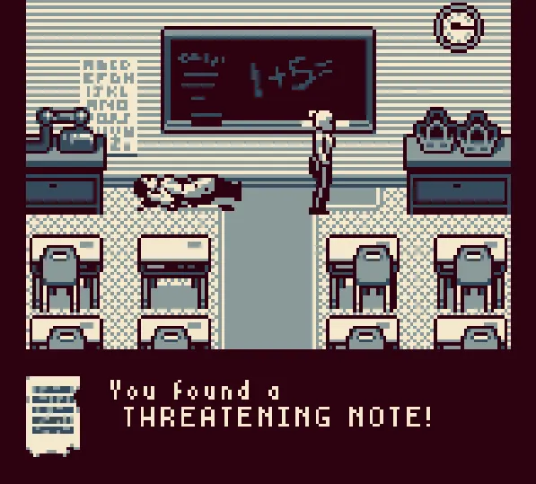 A body on a classroom floor in front of a blackboard as the player finds a threatening note