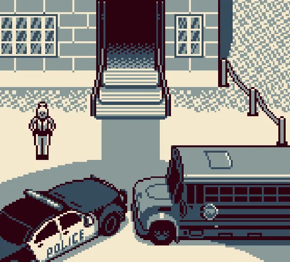 A police car and a school bus outside a school entrance, a figure standing by the steps