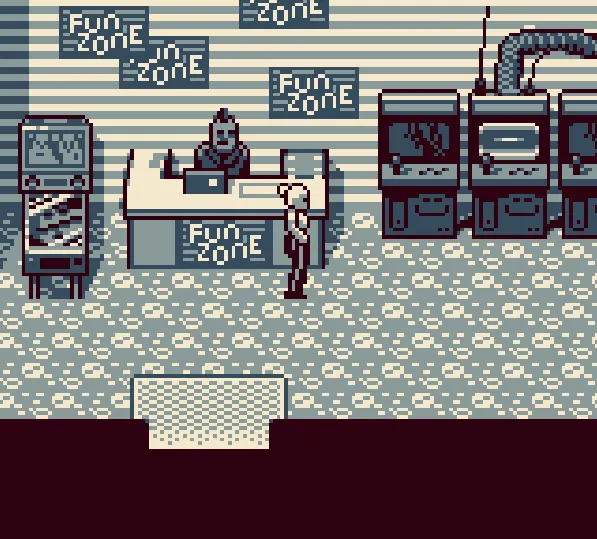 An arcade with Fun Zone signs, game cabinets and a figure behind the counter