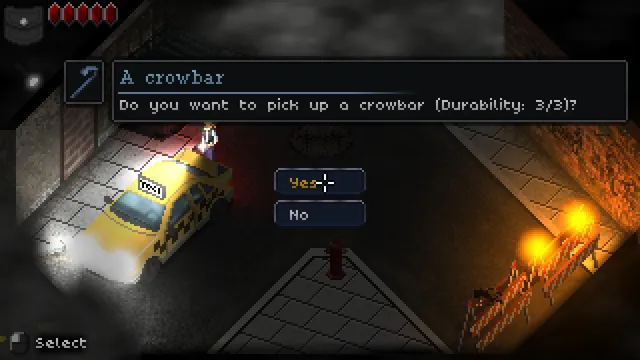Amy beside a yellow taxi on a dark street, asked whether to pick up a crowbar with durability 3 of 3