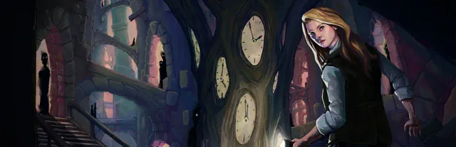 Deep Sleep: Labyrinth of the Forsaken key art: Amy with a flashlight among twisted trees set with clock faces, dark figures in the archways behind her
