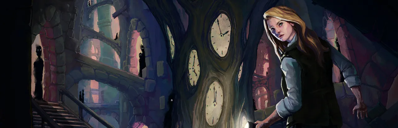 Deep Sleep: Labyrinth of the Forsaken key art: Amy with a flashlight among twisted trees set with clock faces, dark figures in the archways behind her