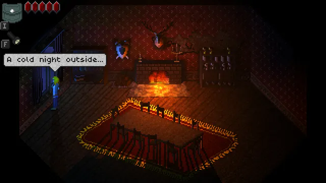Pixel-art scene: Amy in a dark red room by a fireplace, with antlers on the wall and the words A cold night outside
