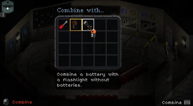 The inventory screen combining a battery with a flashlight in a dark room