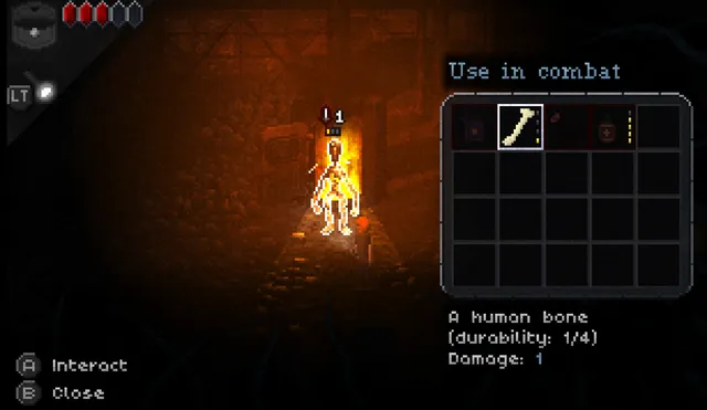 A turn-based fight in a torchlit corridor, choosing a human bone from the inventory to use as a weapon