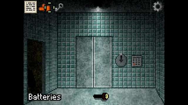 Deep Sleep Trilogy screenshot: a tiled room with a lift door and keypad, batteries lying on the floor
