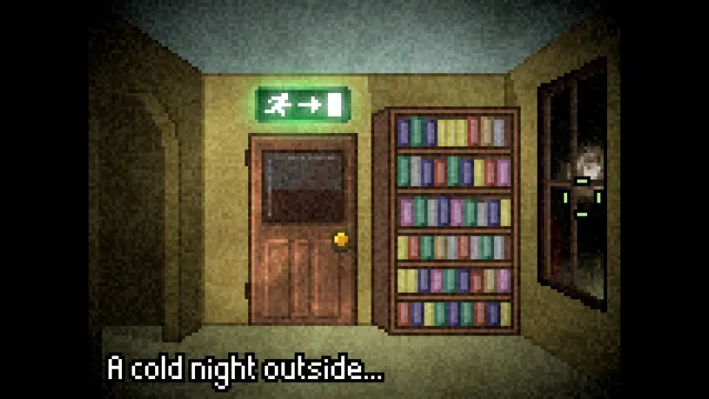 Deep Sleep Trilogy screenshot: a room with an exit sign over a door and a bookshelf, a pale face peering in at the window
