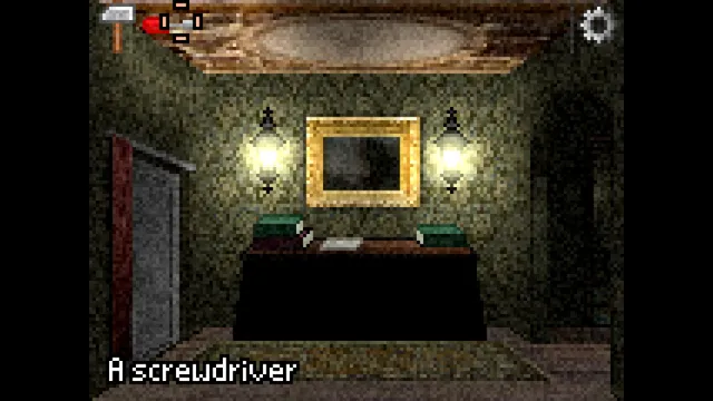 Deep Sleep Trilogy screenshot: a dark wallpapered room with two lamps, a gilt mirror and a desk, an item labelled a screwdriver