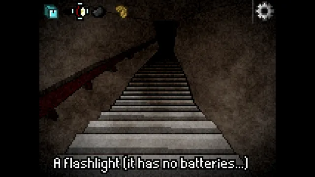 Deep Sleep Trilogy screenshot: a long staircase leads up into darkness, a flashlight with no batteries in the inventory