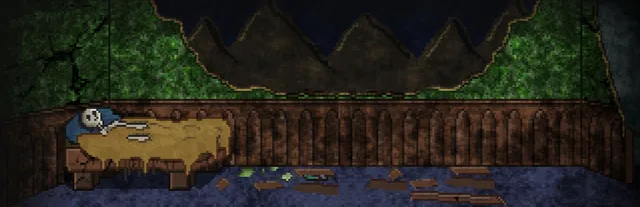 Deep Sleep Trilogy key art: a skeleton lies on a filthy, moss-stained bed under a dark sky in grainy pixel art