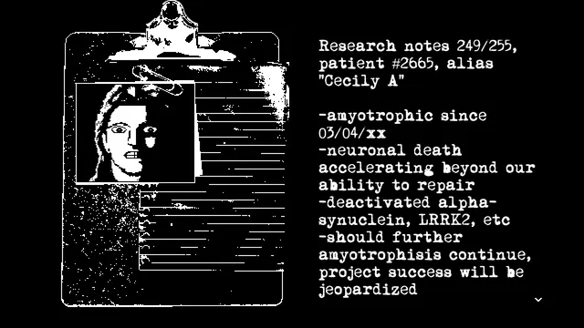 Dememorize screenshot: a black-and-white clipboard with the photo of a staring patient beside typed research notes on patient 2665, alias Cecily A, and her neuronal death