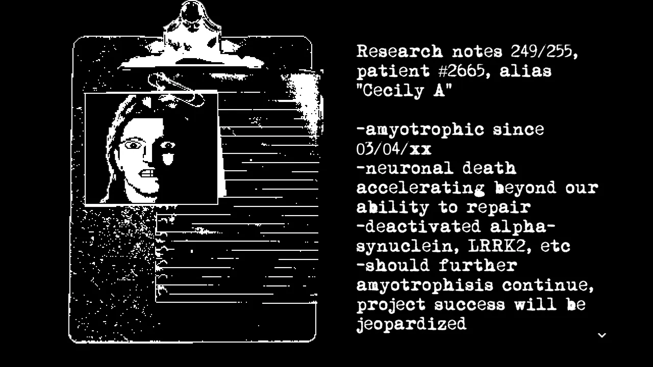 Dememorize screenshot: a black-and-white clipboard with the photo of a staring patient beside typed research notes on patient 2665, alias Cecily A, and her neuronal death