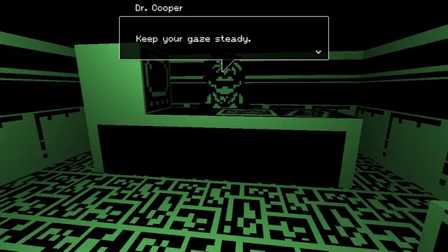 Dememorize screenshot: Dr. Cooper behind a desk in a green-lit office says Keep your gaze steady