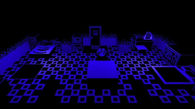 Dememorize screenshot: a small figure in a blue-lit ward room with a checkered floor, cabinets, a bed and a door at the back