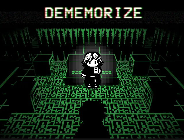 Dememorize cover: a pixel-art girl in a patient gown stands in a pool of light in a green-lit room, under the glitching title DEMEMORIZE