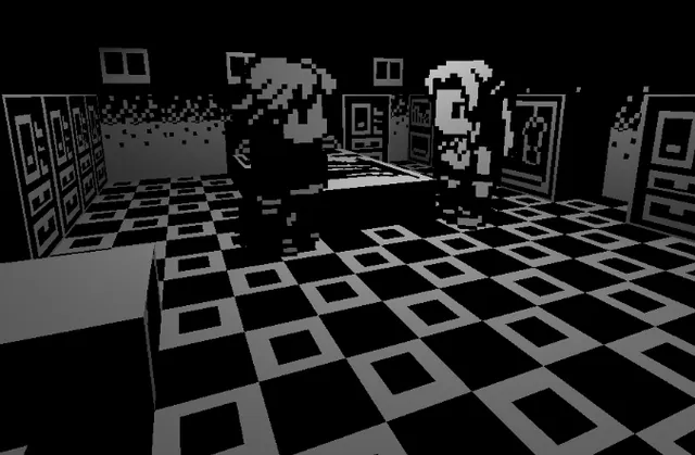 Dememorize screenshot: two pixel-art children by a bed in a grey ward with a checkered floor and doors along the wall
